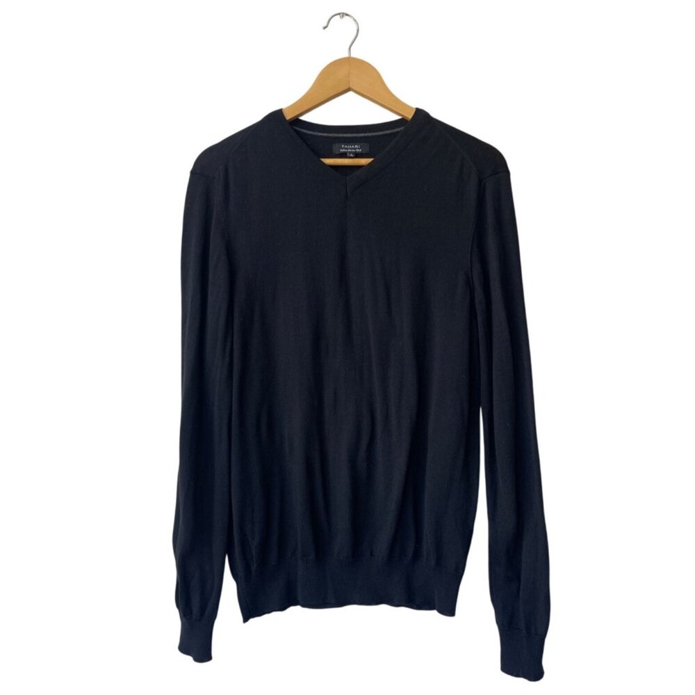 Tahari Mens Italian Merino Wool V-Neck‎ Pullover Sweater Size L Preppy Academia